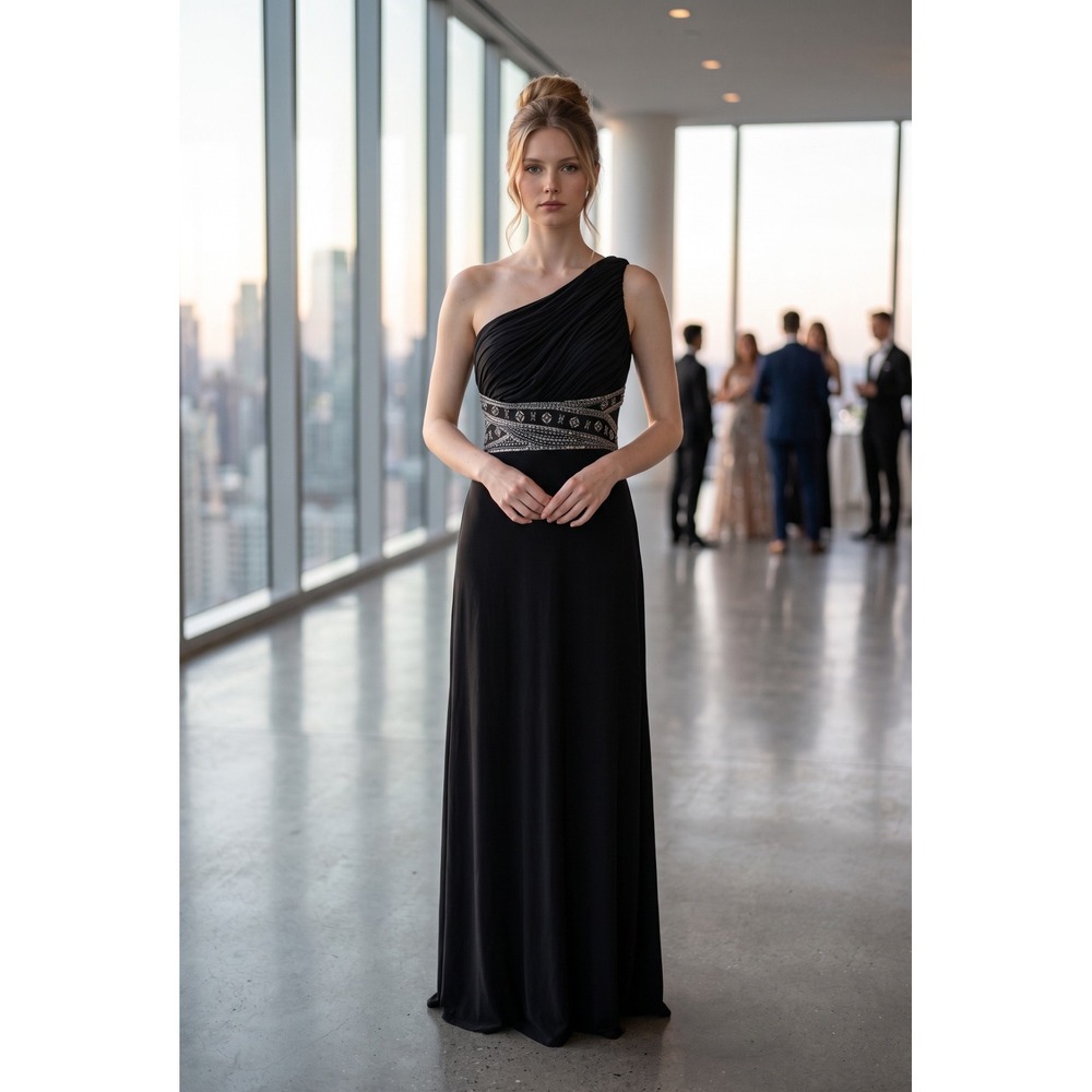 Black One Shoulder Beaded Waist Open Back Formal Evening Gown Floor Length Dress